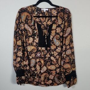 Y2K Paisley Boho Fairycore Blouse XL Crochet Peasant Top Whimsigoth 90s Vintage